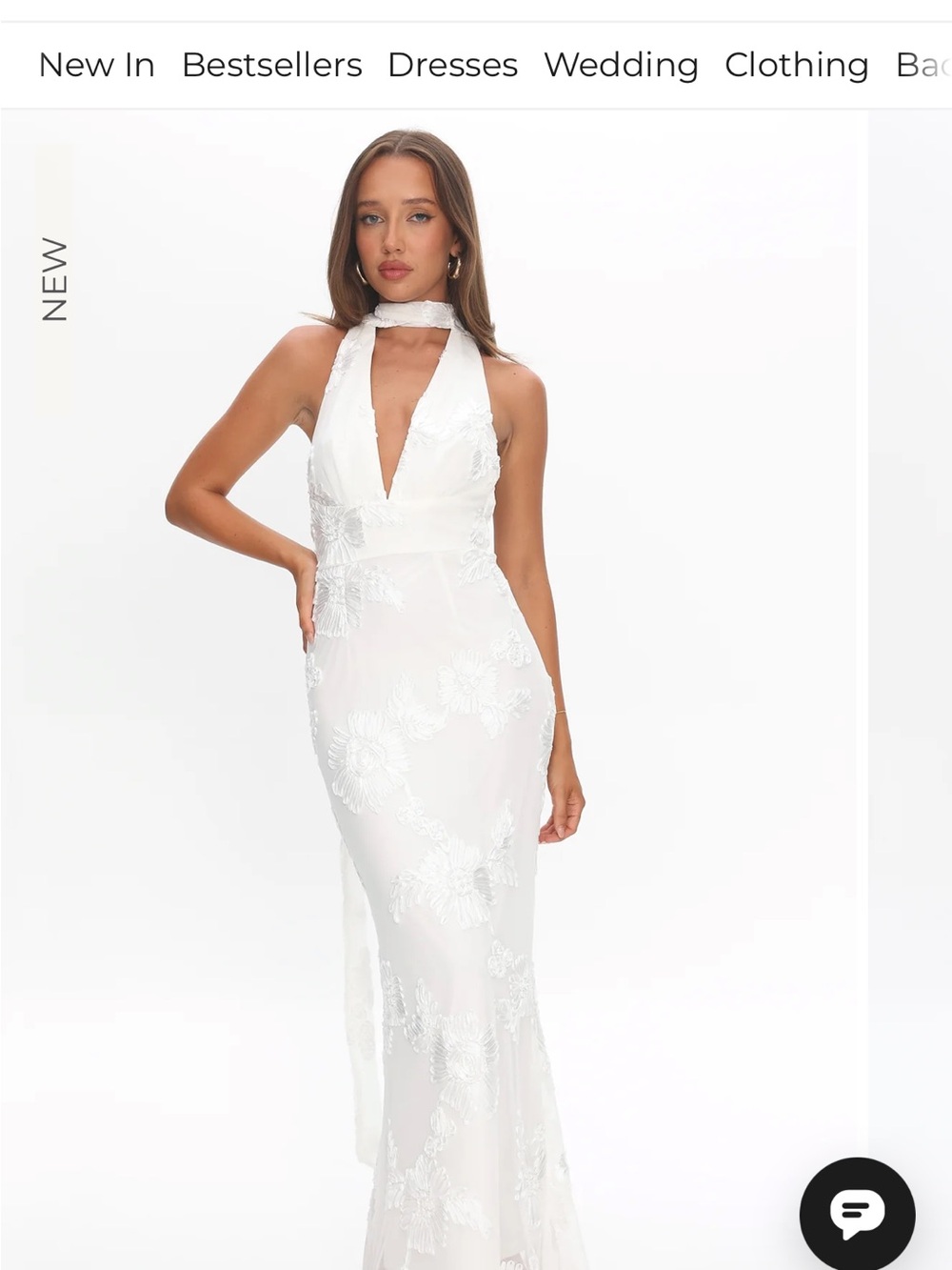 Selfie Leslie White Lace Halter Gown with Floral Appliqué